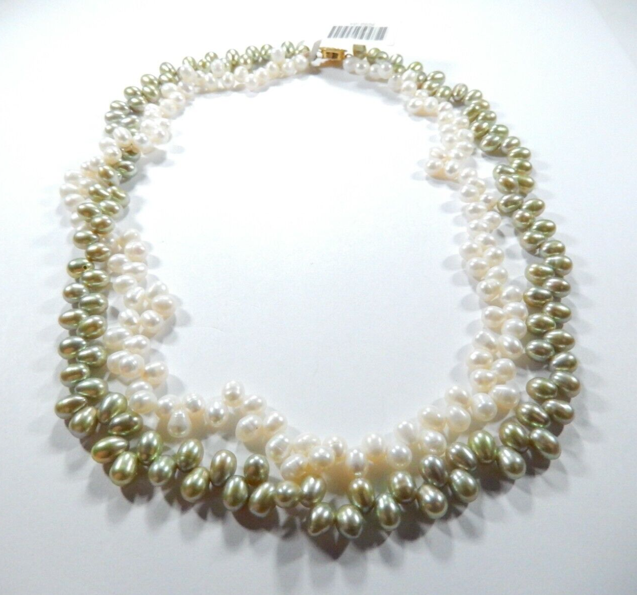 Double Strand Cultured Pearl Necklace  Beautiful White & Green Pearls ~ 16"