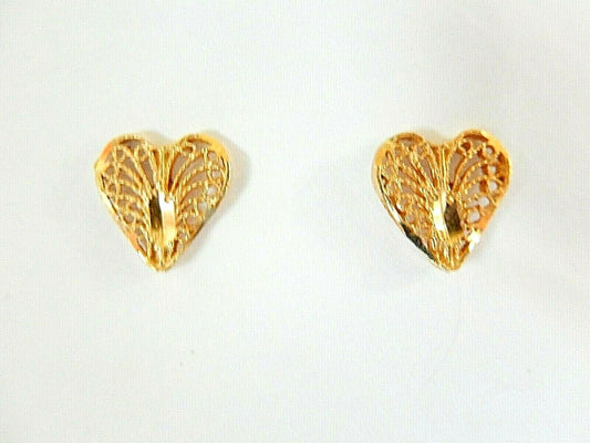 *VINTAGE* Solid 14K Yellow Gold  Heart Filigree Stud Earrings 1/2" x 1/2"