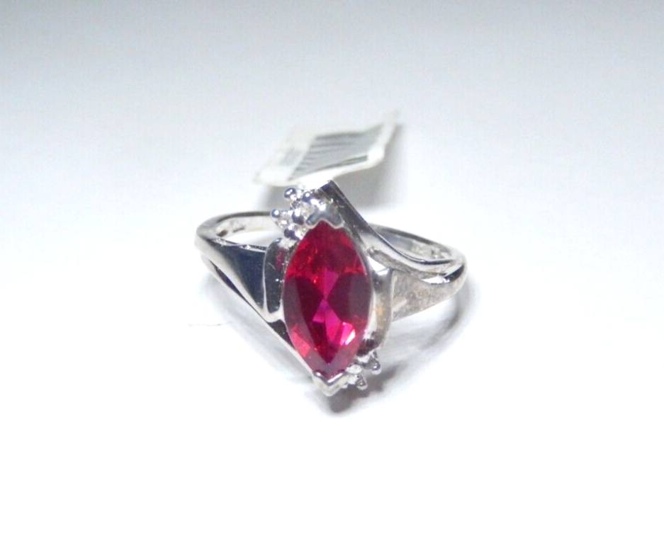 *NWT* 10k White Gold Lab Created Marquise Ruby And Diamond Ring Sz 6.5