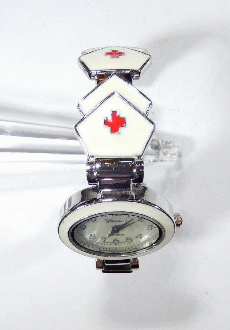 SILVER FINISH RED CROSS FOR NURSE WOMEN'S BANGLE CUFF  FASHION CASUAL WATCH