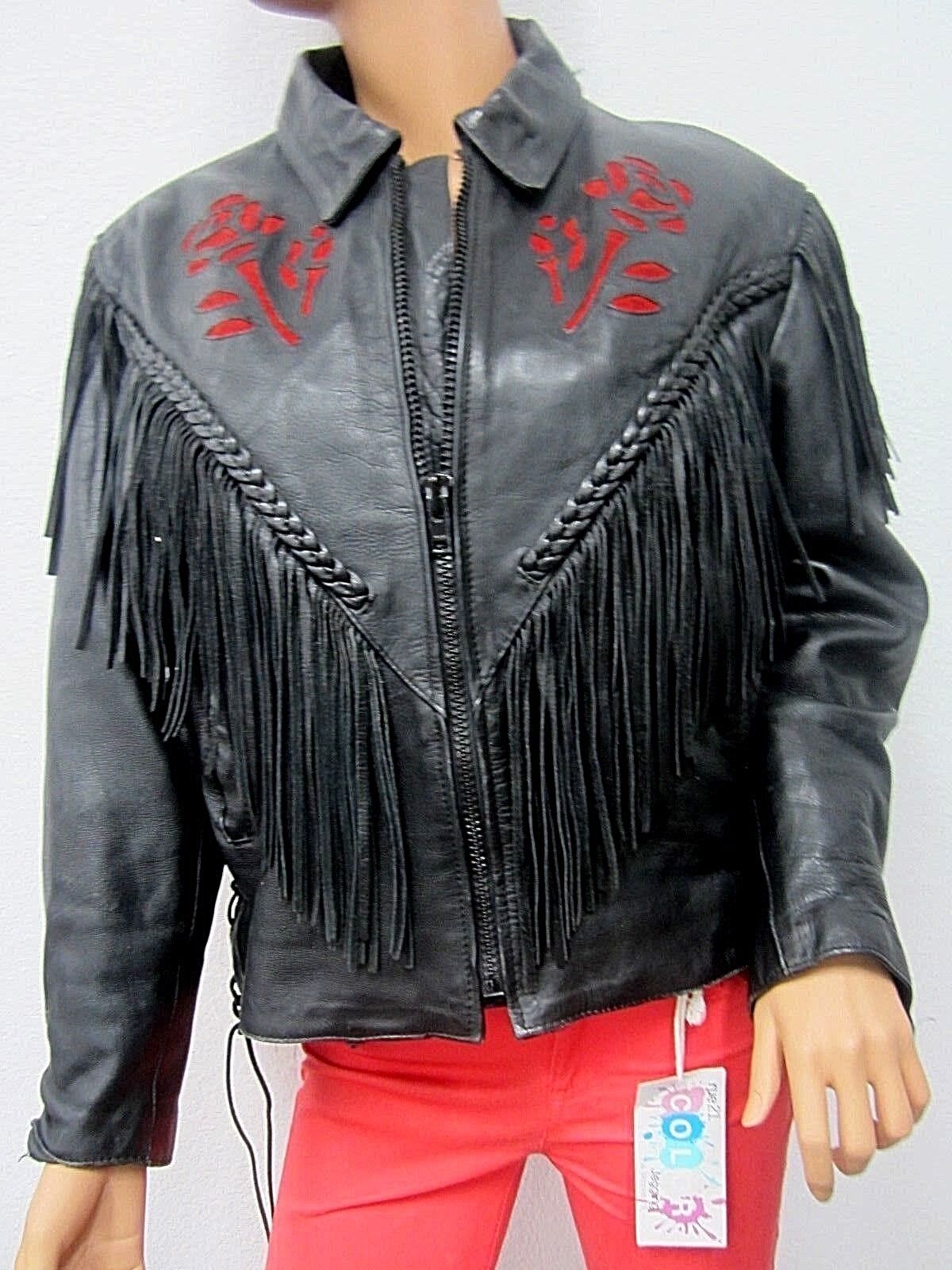 HUDSON LEATHER VINTAGE THICK HEAVY FRINGE RED FLOWER MOTORCYCLE JACKET LINED