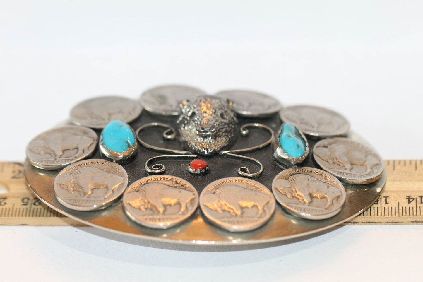 LG NATIVE AMERICAN Nickel Silver Belt Buckle Turquoise Coral Buffalo Nickel