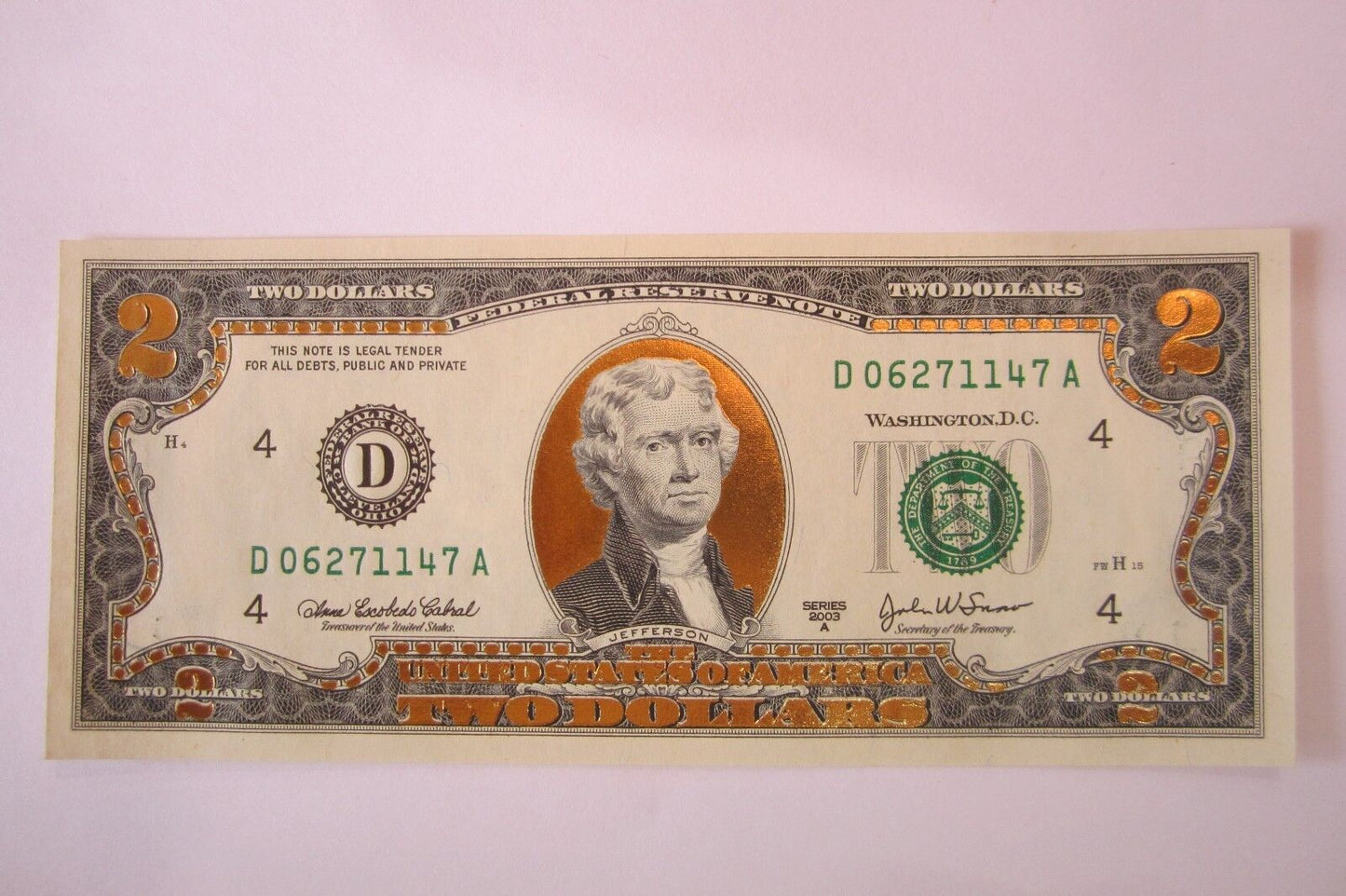 22 K GOLD LEAF- 2 DOLLAR BILL-  COLLECTOR  LEGAL NOTE- D06271147A