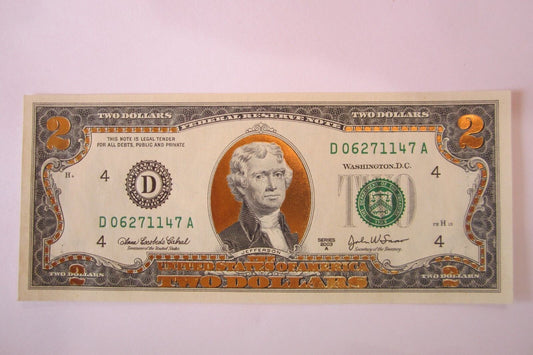 22 K GOLD LEAF- 2 DOLLAR BILL-  COLLECTOR  LEGAL NOTE- D06271147A