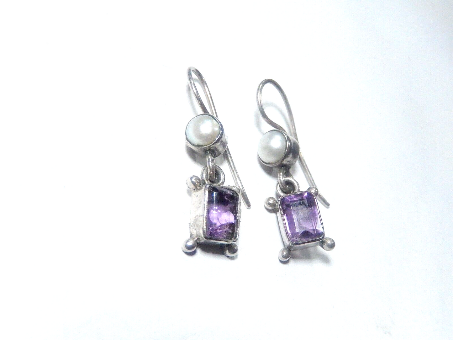 *VINTAGE*   Sterling Silver Amethyst  & Pearl Drop Dangle Earrings