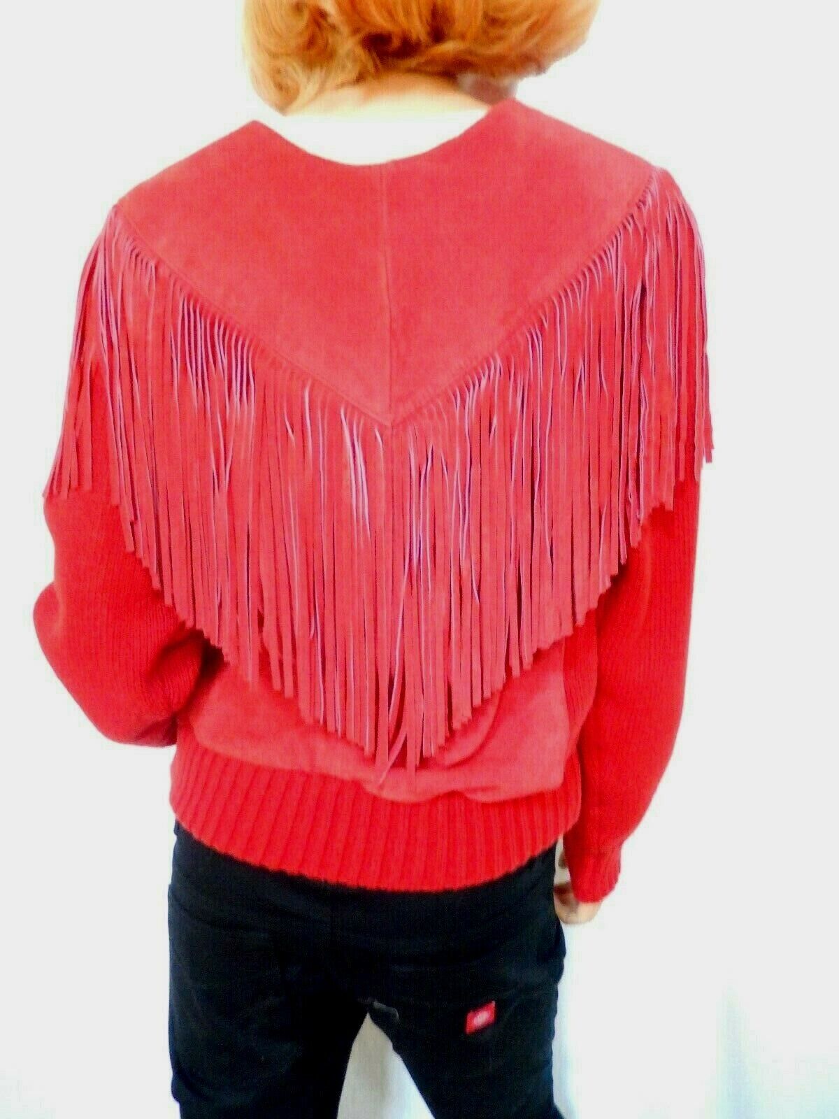 *RARE*VINTAGE PIONEER WEAR Cowgirl Red Leather Suede Fringe Sweater Womens Sz L