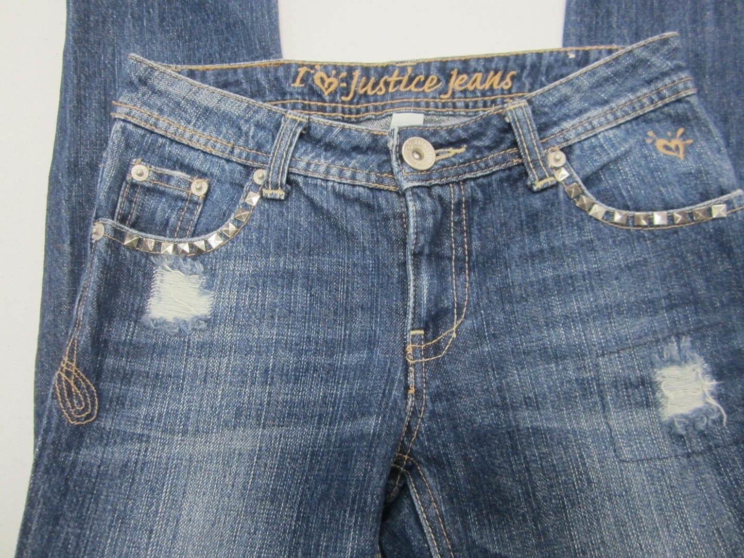 MINT Justice   Girl's Blue Jeans Cuffed Leg Size 12S Simply Low Distressed Stud