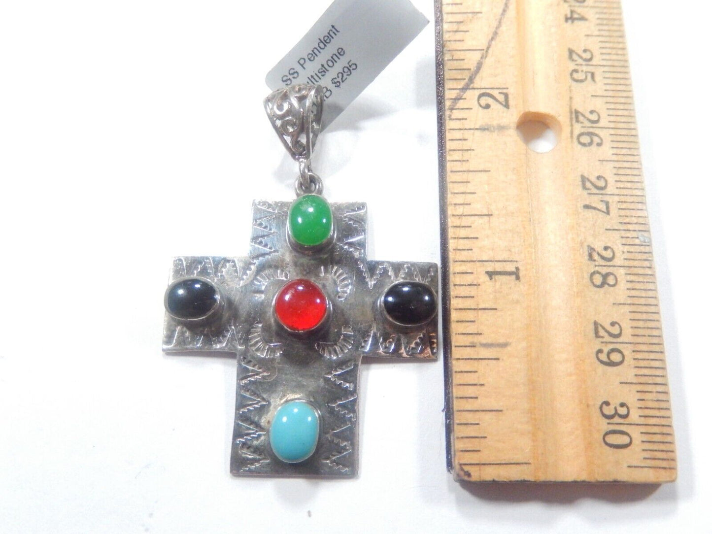 *VINTAGE*  LARGE Taxco Mexico Sterling Silver Multi Gem Cross Pendant Signed