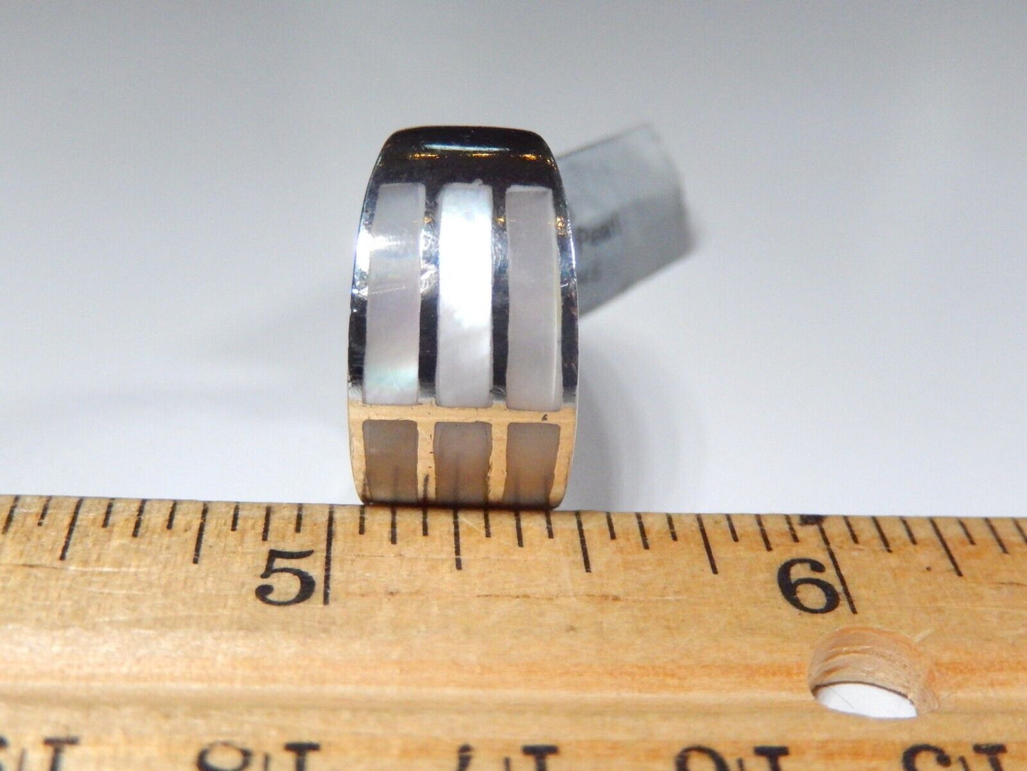 *VINTAGE*  Sterling Silver 11 mm Wide Band Inlay Mother of Pearl Ring Sz 6.5