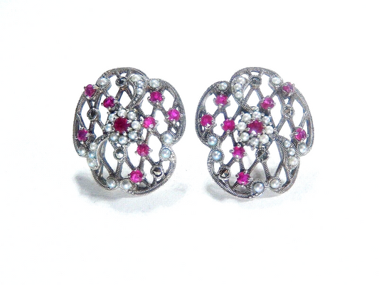 Stunning Sterling Silver Vintage Art Deco Ruby & Pearl & Marcasite Earrings