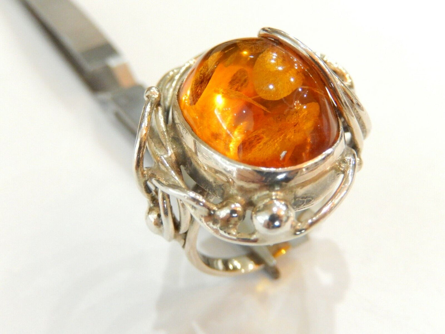 *VINTAGE* Handmade  LARGE Custom Sterling Silver Baltic Amber Oval Ring Size 7.5