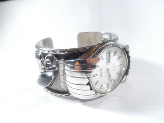 Navajo Johnny Frank 1911 Sterling Silver Stamped Seiko Automatic Cuff Bracelet