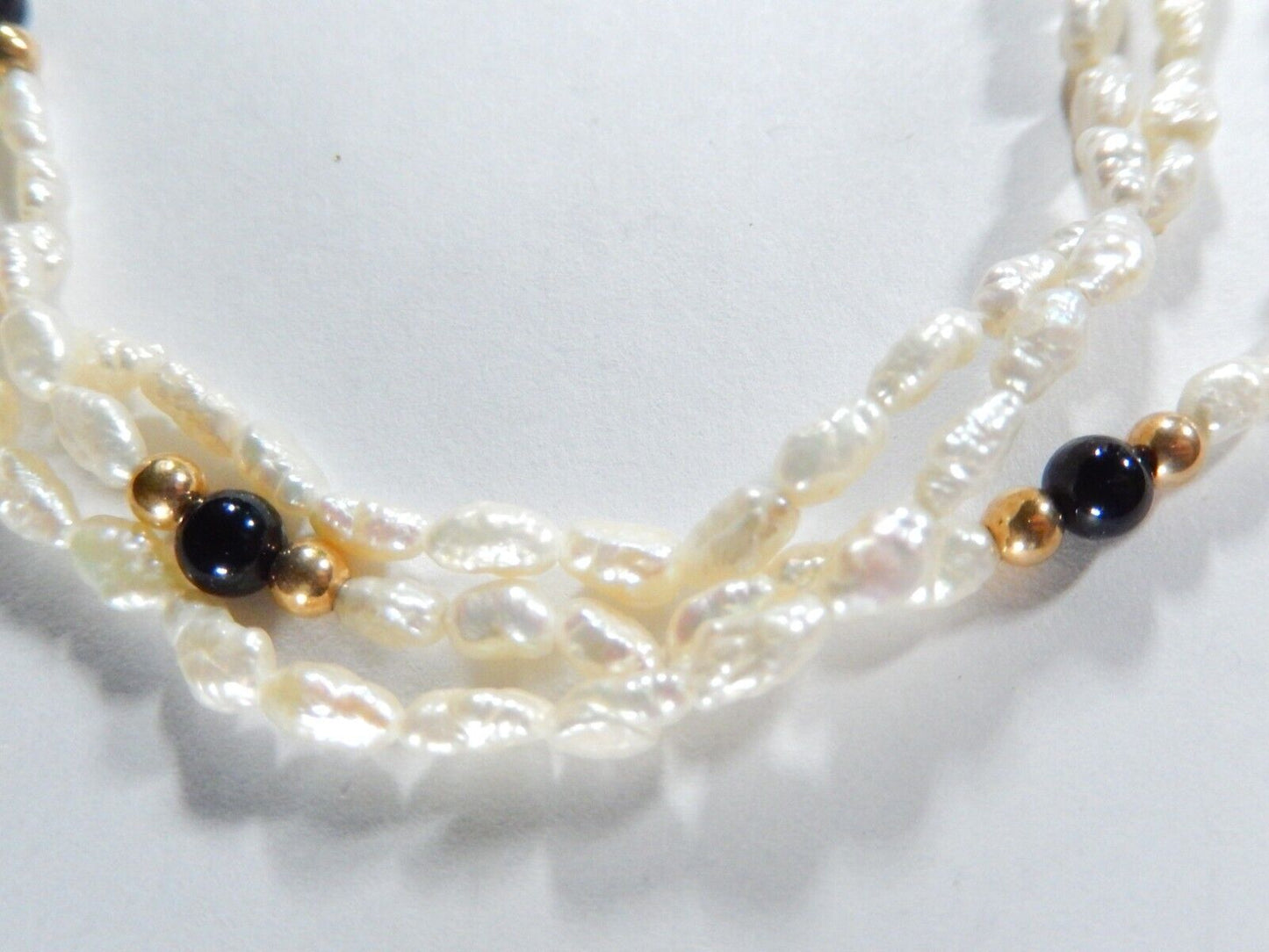 VINTAGE  16"  Genuine Rice Pearl and Gold Ball Three Strand Necklace w/14K Clasp
