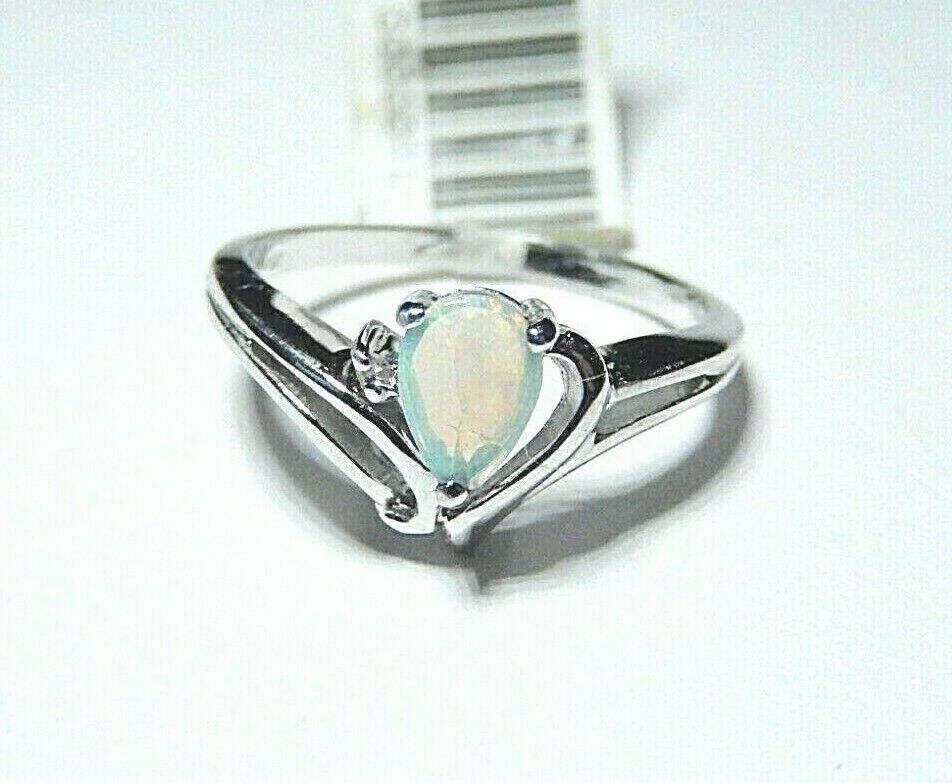 *NWT* 10k White Gold Pear Opal And Diamond Ring Size 5.25