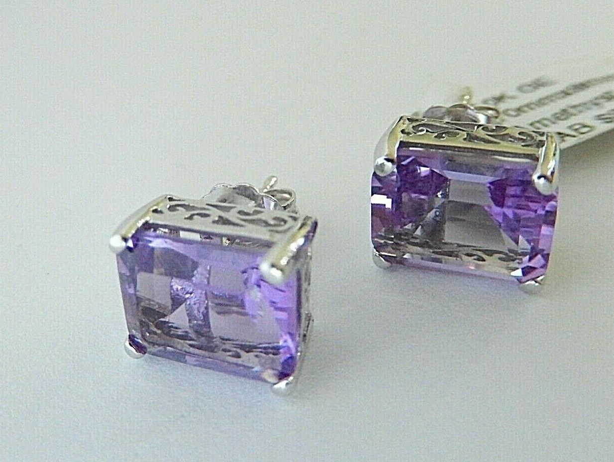 10K White Gold 10mm x 8mm Emerald Cut 6CT Amethyst Earrings In Filigree Settings