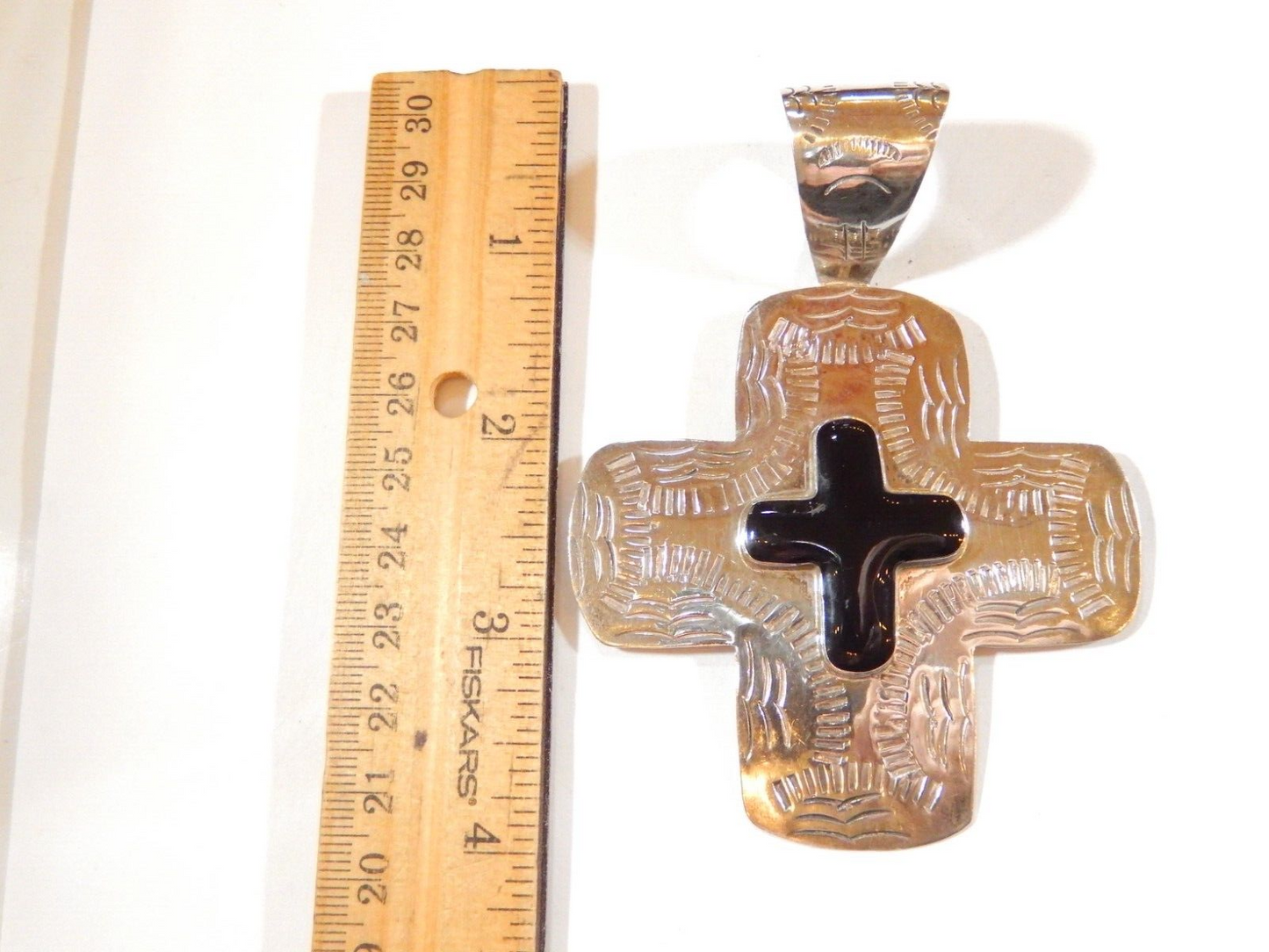 VINTAGE* LARGE 3 7/8" Tall Hand Stamped Sterling Silver Black Onyx Cross Pendant