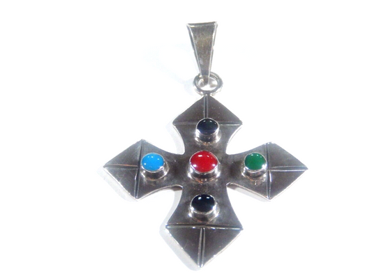 *VINTAGE*   Sterling Silver MEXICO TAXCO Multi Stone  Cross Pendant w/Lg Bail