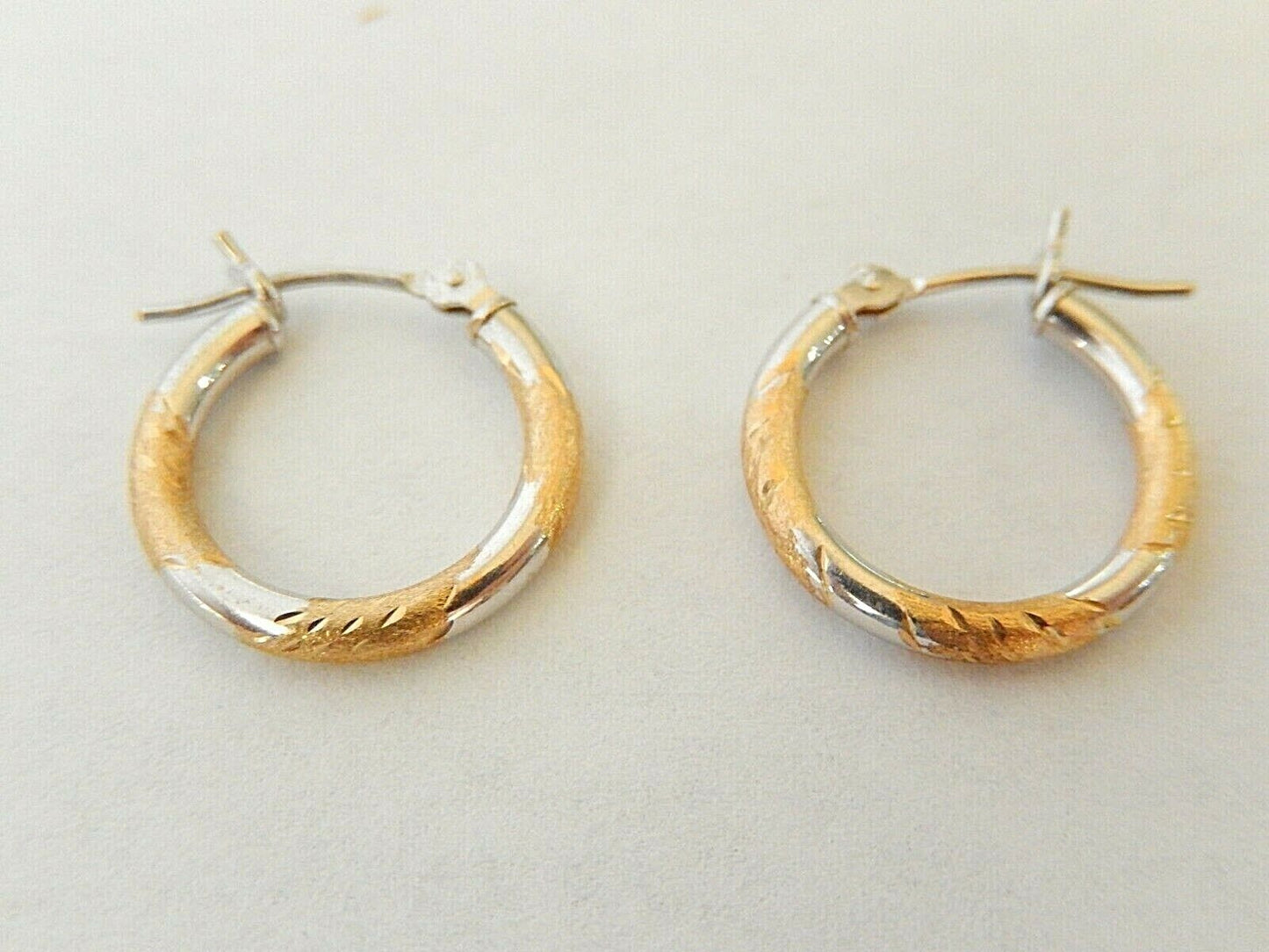 14K White & Yellow Gold Hoop Earrings Diamond Cut Two Tone Round Hoops 15mm