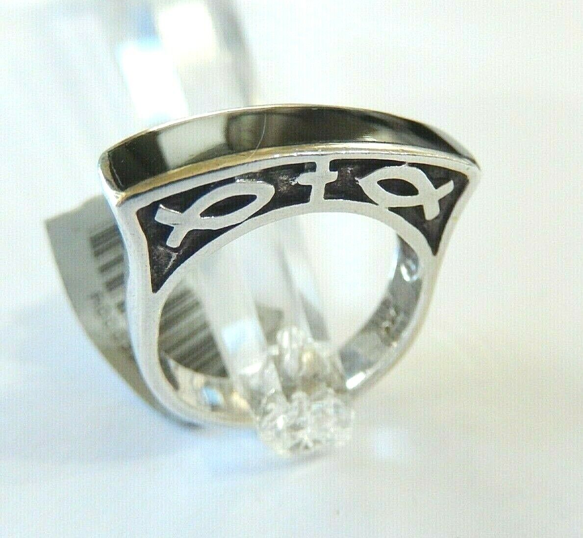 *VINTAGE*  Black Onyx Sterling Silver Ichthus Christian Fish Ring Sz 8