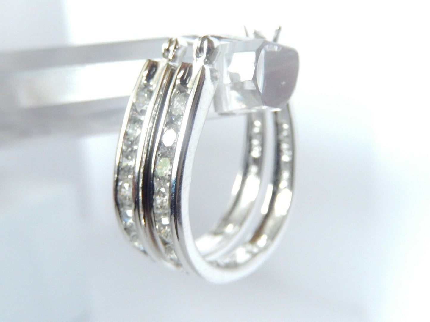 14K White Gold 1CT Natural Diamond Channel Set Oblong Hoop Earrings 24mm x 19mm