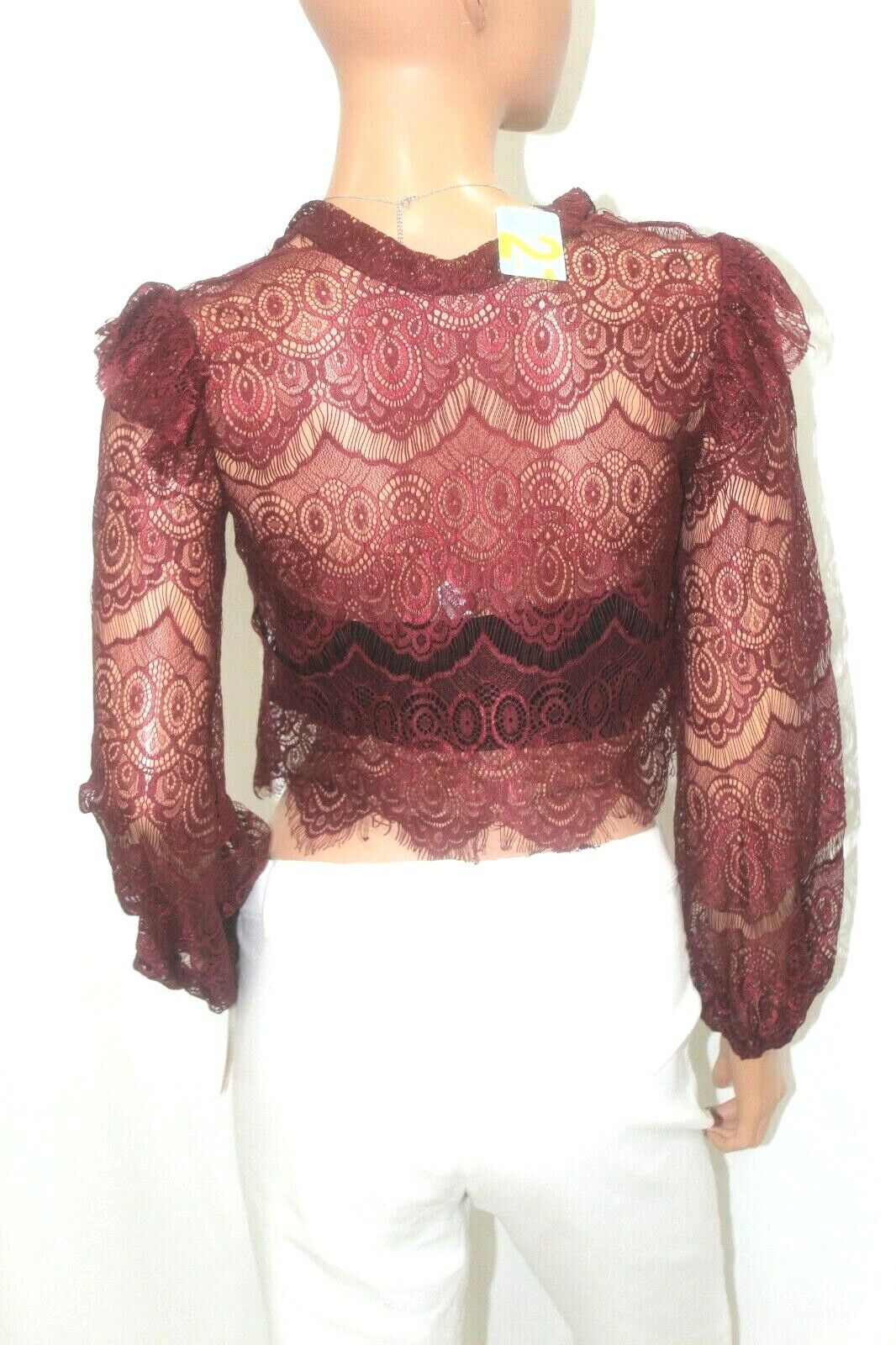 *NWT* Forever 21 Women's Wine Color Lace Crop Top Long Sleeve  Size Small