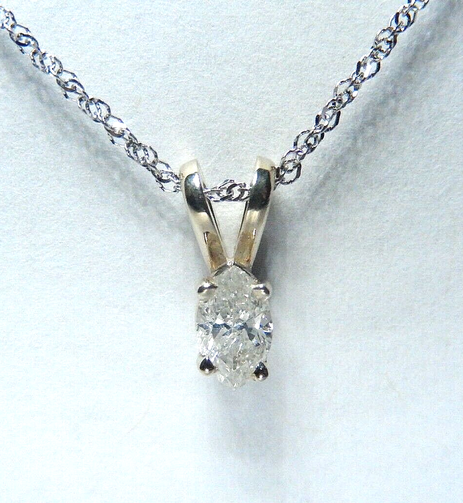 14K White Gold 1/5ct Fancy MarquiseNatural Diamond Solitaire Pendant w/17" chain