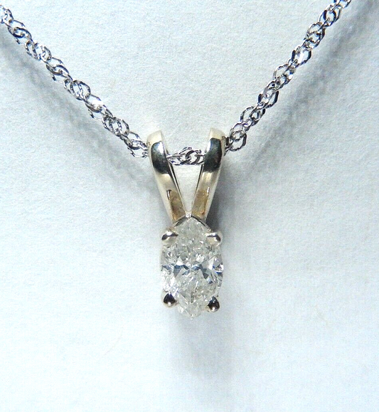 14K White Gold 1/5ct Fancy MarquiseNatural Diamond Solitaire Pendant w/17" chain
