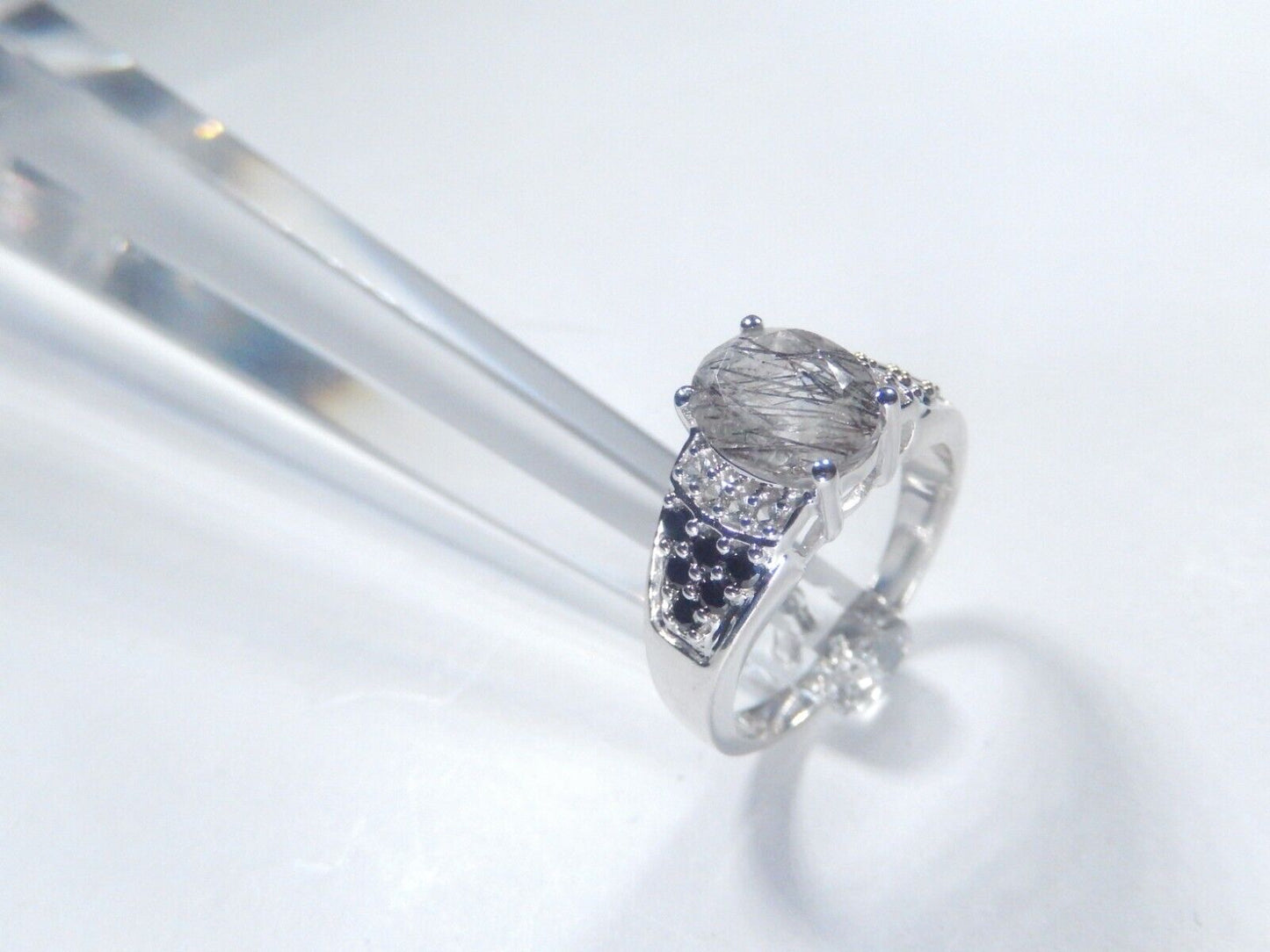 *UNIQUE*  STERLING SILVER & BLACK ONYX & LAB CREATED CENTER STONE SIZE 9