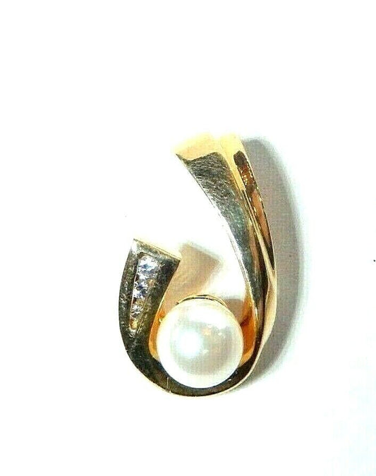 *VINTAGE* 14k Yellow Gold 7mm Fine Pearl & Diamond Heavy Freeform Slide Pendant