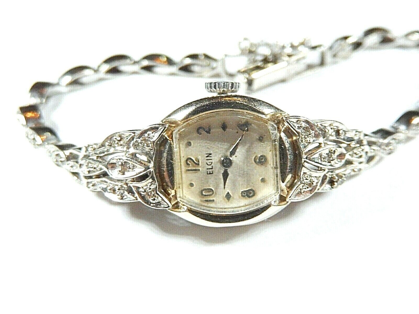 *VINTAGE* Ladies Elgin 14k White Gold Diamond Watch & 14K Diamond Band - Runs