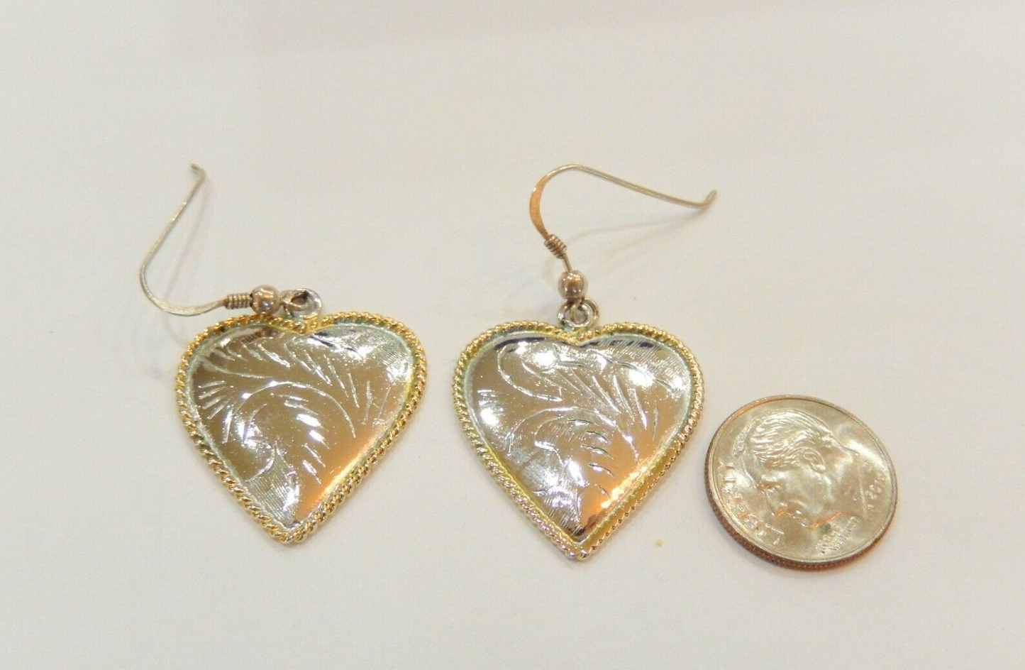 ~Heart Earrings~ Sterling Silver Western Style 2 Toned Etched Rope Edging Dangle