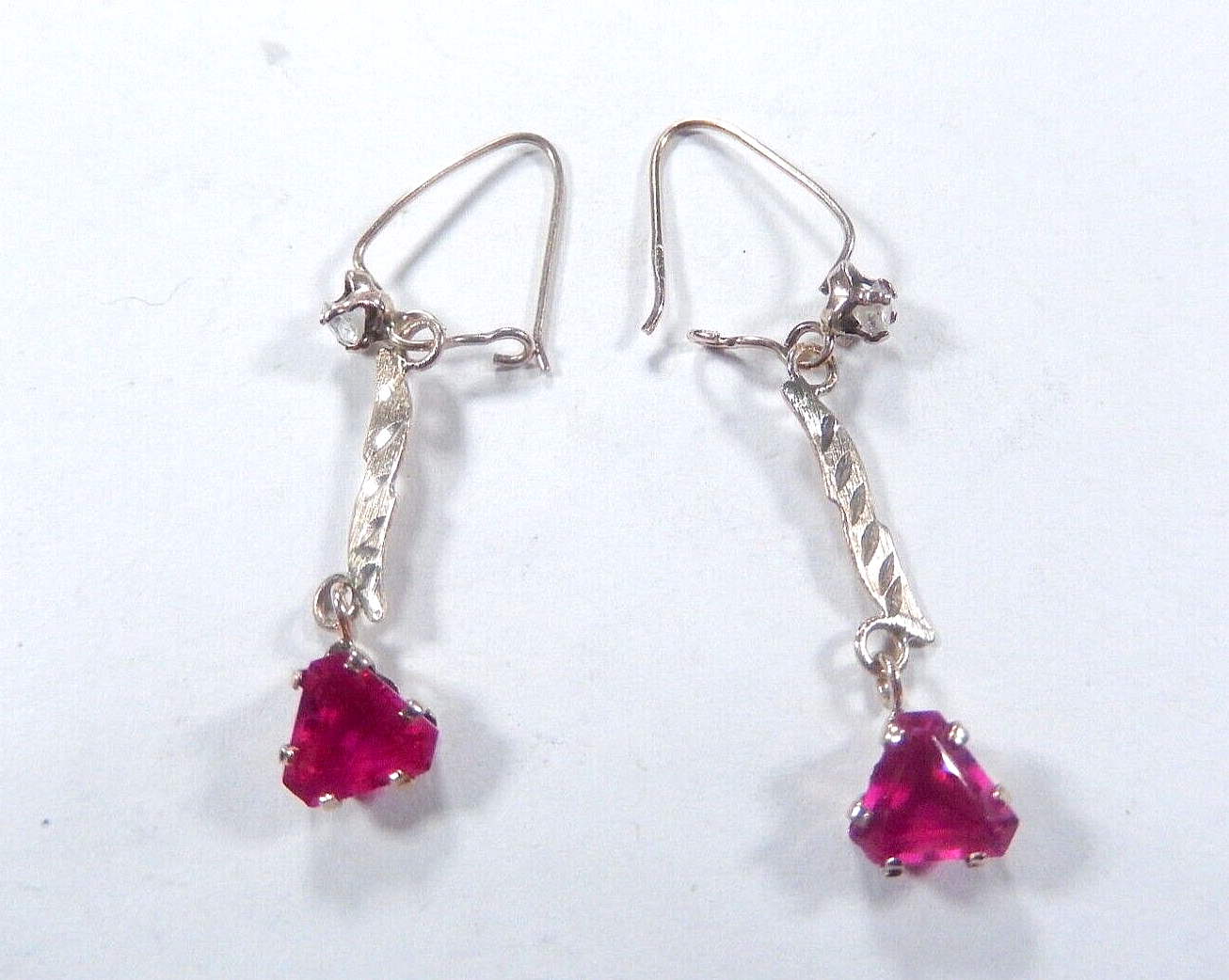 *VINTAGE*  8k Yellow Gold Dangle Trillion Lab Created Ruby Earrings
