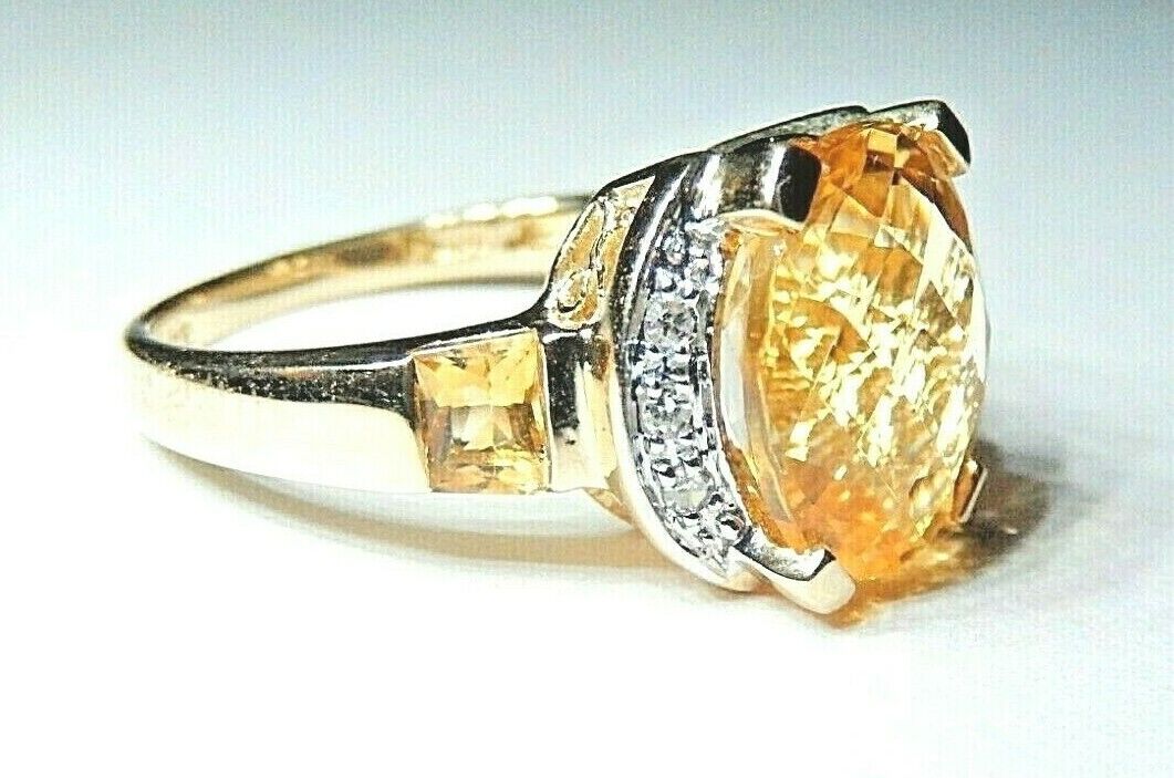 *VINTAGE*  14k Yellow Gold 5.00CT Oval Citrine & Diamond Ladies Ring Size 6.5