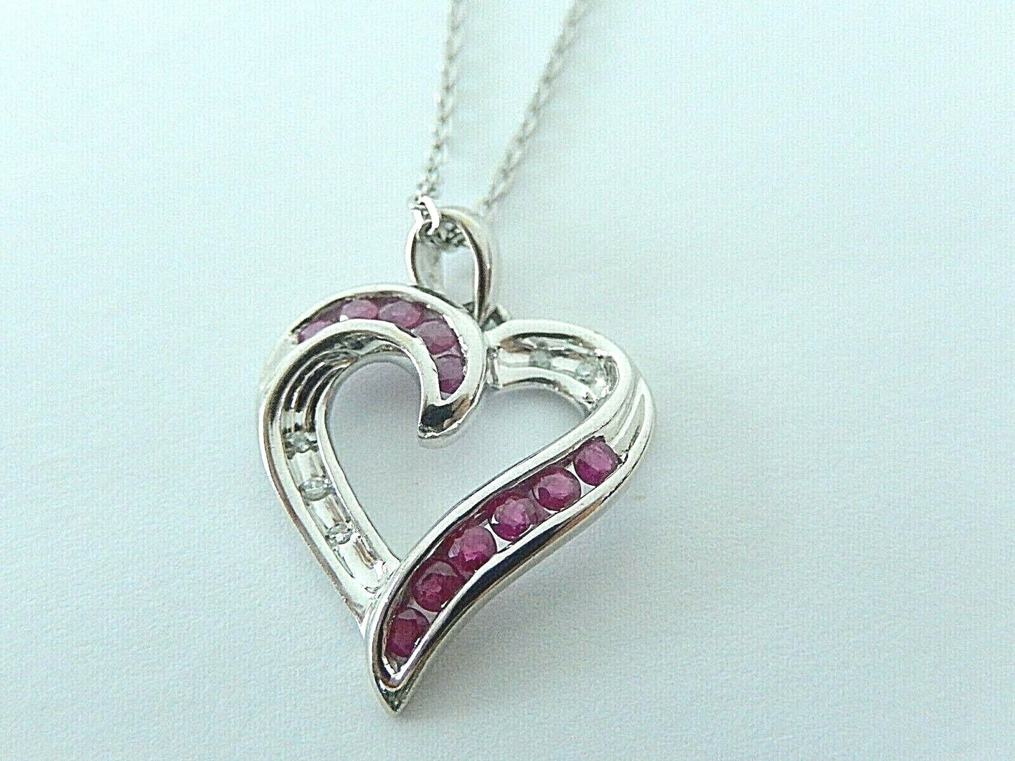 AMAZING 10K WHITE GOLD NATURAL DIAMOND & NATURAL RUBY  HEART PENDANT w.18" Chain