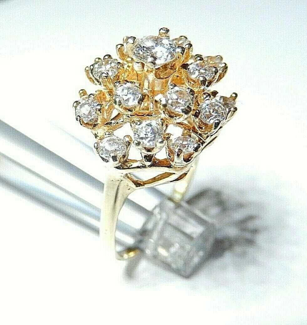 14k Yellow Gold White 1.5CT CZ Cluster Design Gorgeous Ladies Ring Size 7.5