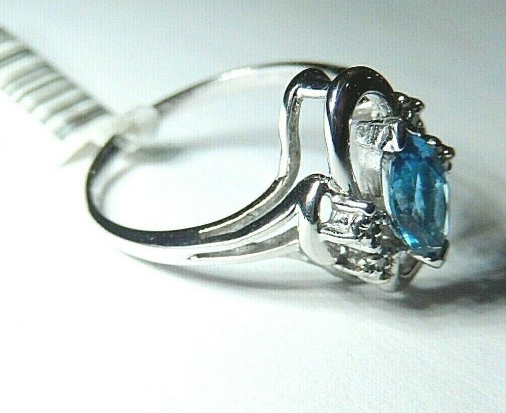 *NWT* 14K White Gold London Blue Topaz & Diamond Freeform Ring  Size 6.75