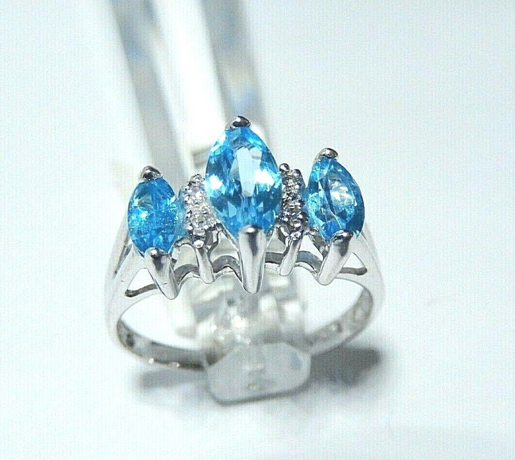 14K WHITE GOLD MARQUISE CUT BLUE TOPAZ AND DIAMONDS 1CT RING SIZE 7