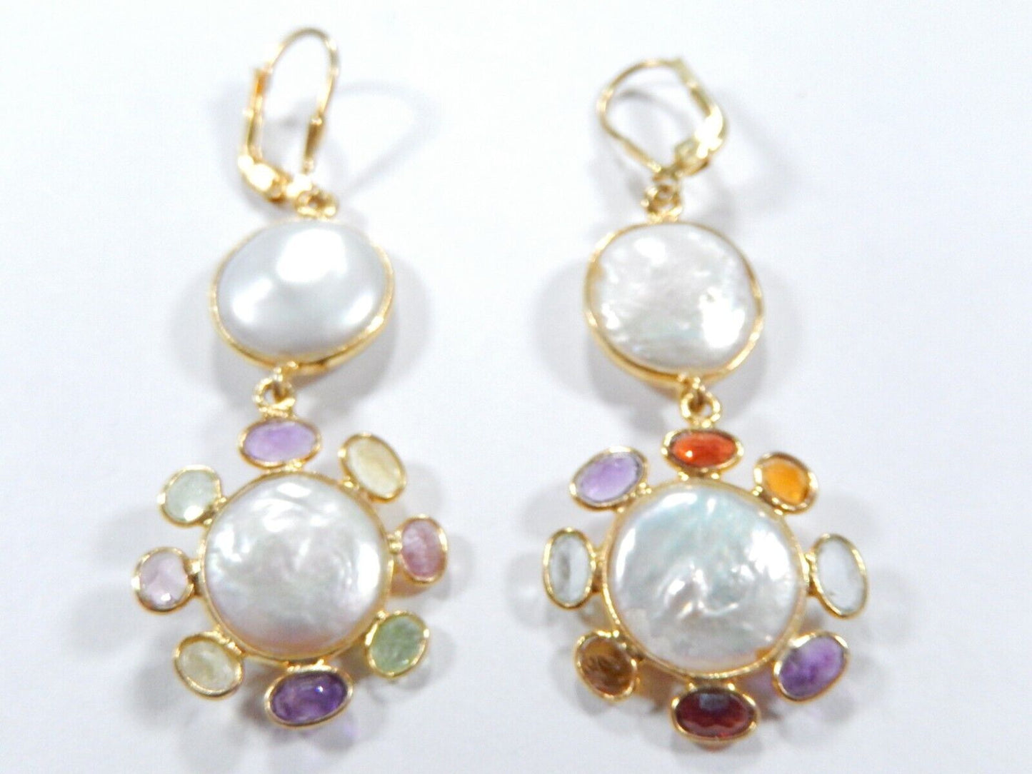 ~NEW~ Gold Vermeil White Button Pearl & Multi Gem Drop Dangle Leverback Earrings