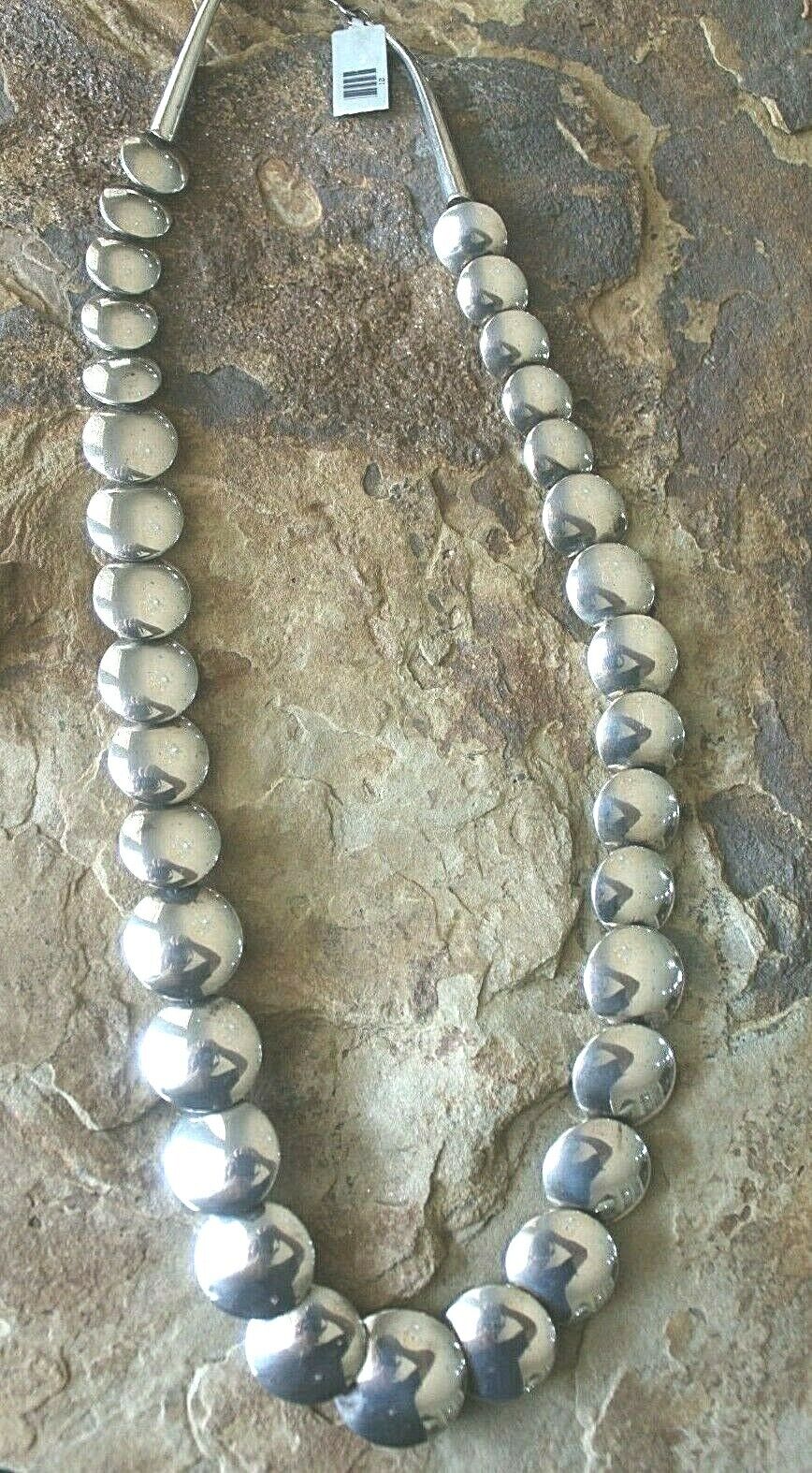 CARViSO NAVAJO STERLING SILVER HAND STAMP PEARL FLAT BEAD GRADUATED NECKLACE