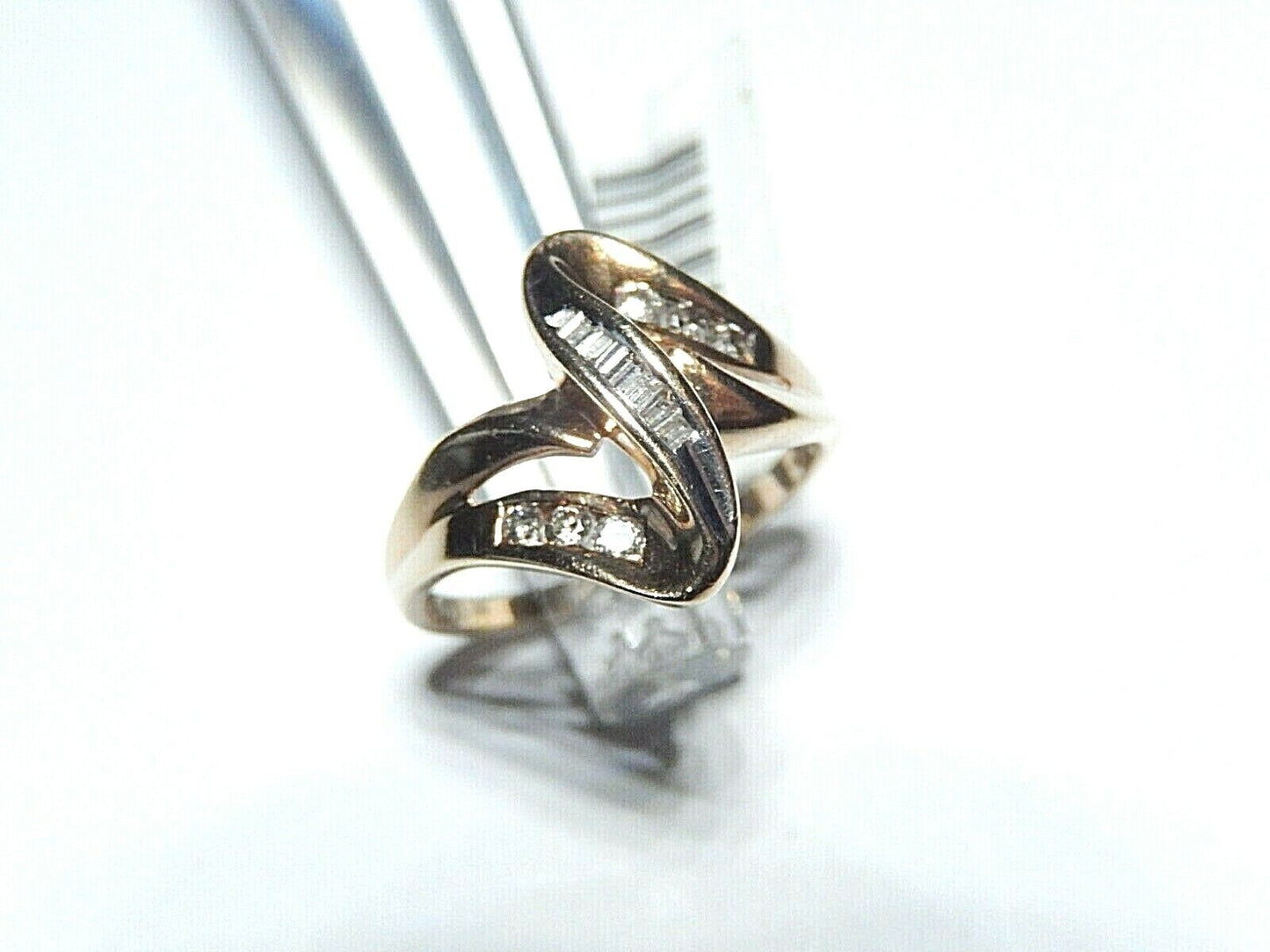 VINTAGE* 10K Yellow Gold Round & Baguette Diamond Bypass Cocktail Ring Size 7.25