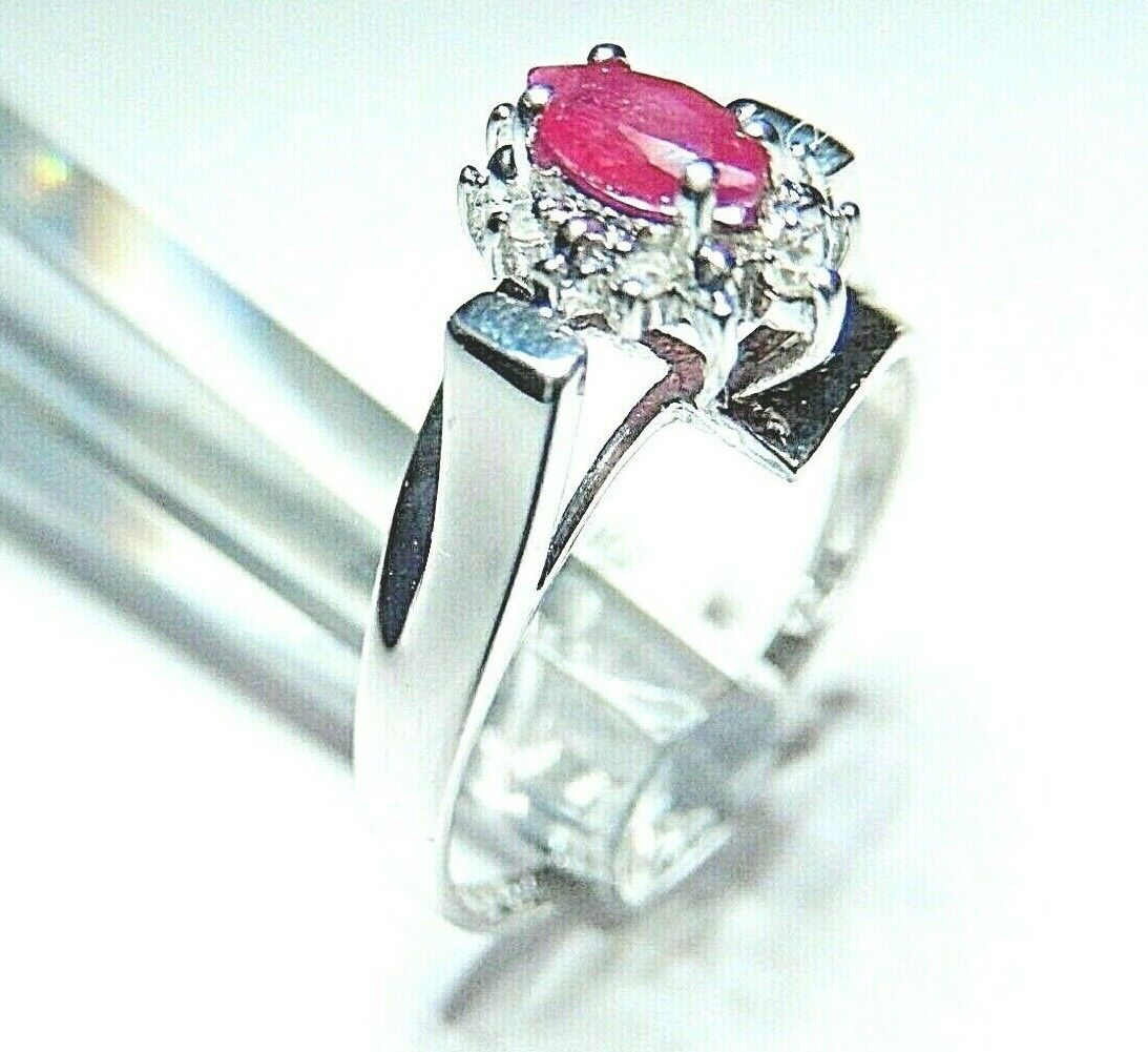 *NWT* 14K WHITE GOLD  NATURAL MARQUISE RUBY AND DIAMOND HALO RING SIZE-7.5