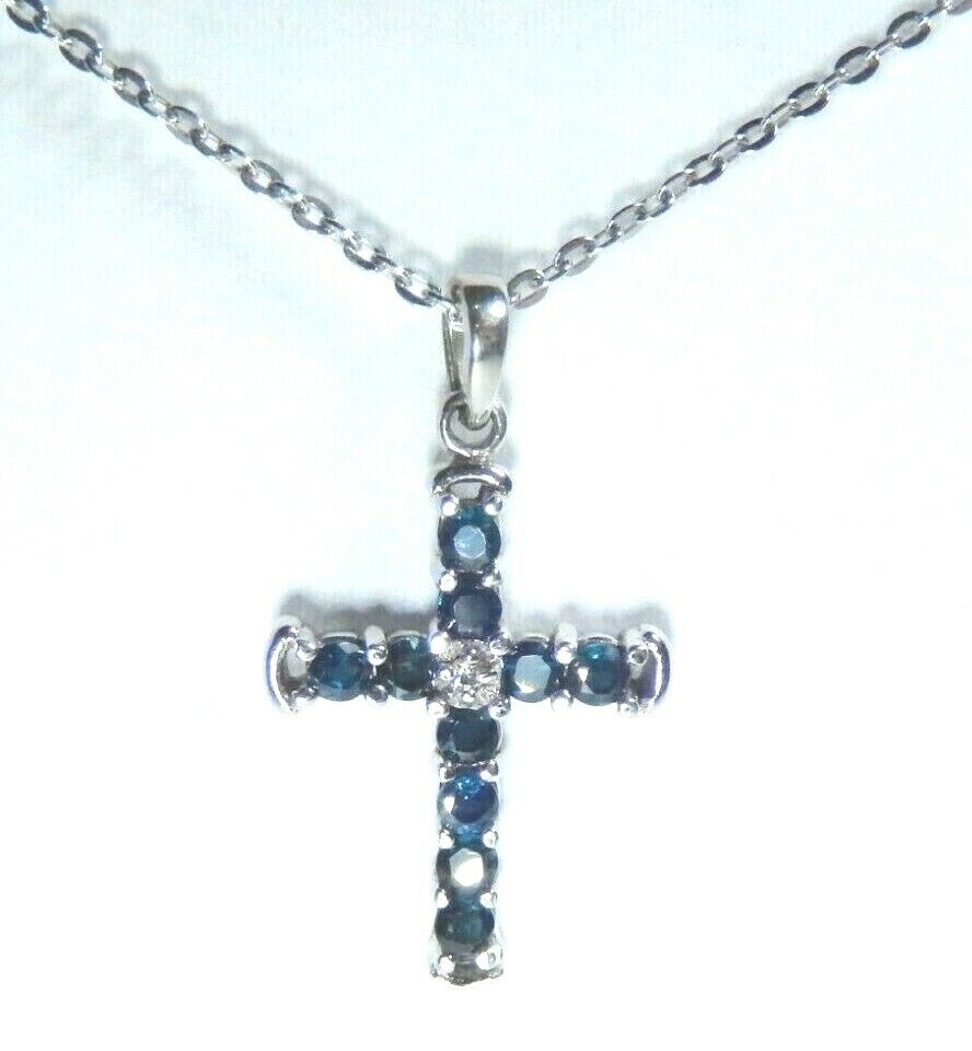 *NWT* 10K White Gold September Birthstone Sapphire & Diamond Cross 18" Necklace