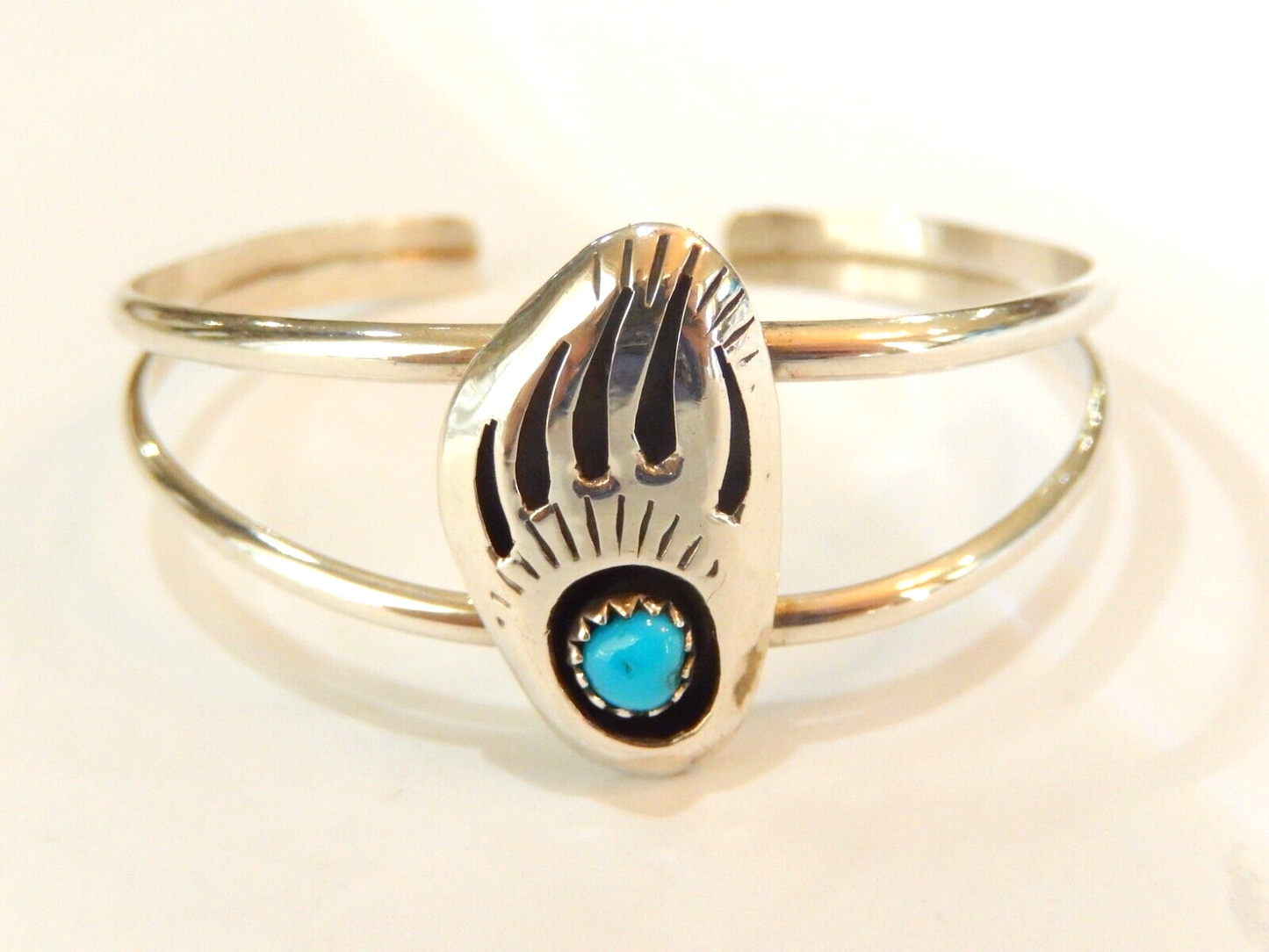 SIGNED  NATIVE AMERICAN Sterling Silver TURQUOISE Bear Claw Childs Cuff Bracelet