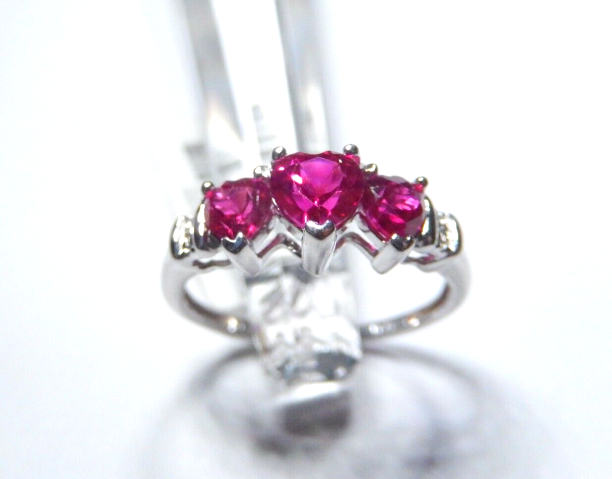 *NWT*  10k White Gold Three Stone Heart Lab Created Ruby & Diamonds Ring Sz 6.25