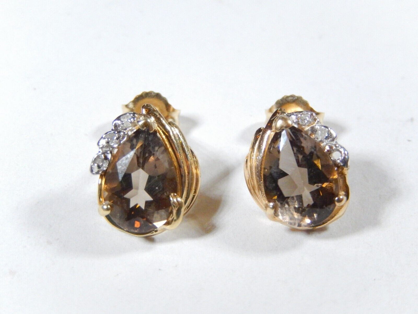 *VINTAGE*  10K Yellow Gold 3.00 CT TW Smoky Quartz and Diamond Stud Earrings