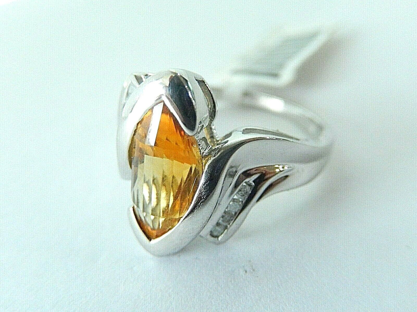 14K White Gold 1.75 CT Fancy Cut Citrine & Diamonds Ring Size 8.25