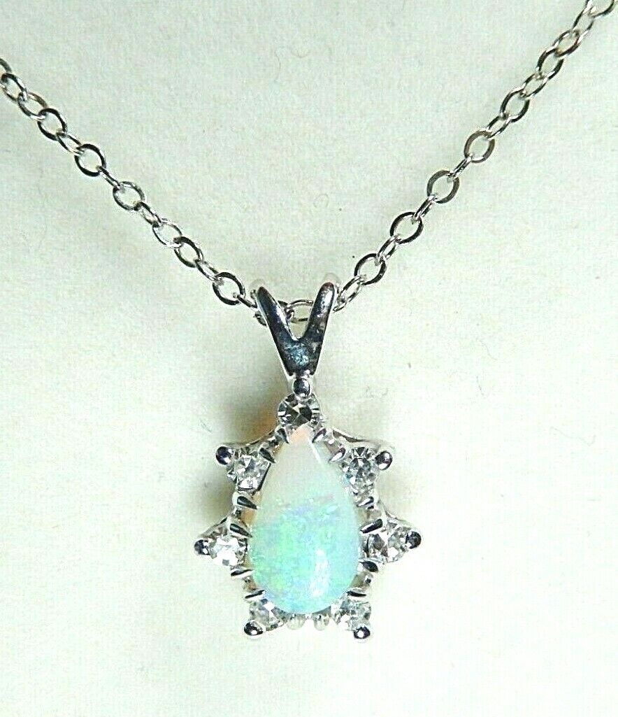 *VINTAGE*  14K WHITE GOLD  PEAR CABOCHON OPAL SINGLE CUT DIAMOND HALO PENDANT