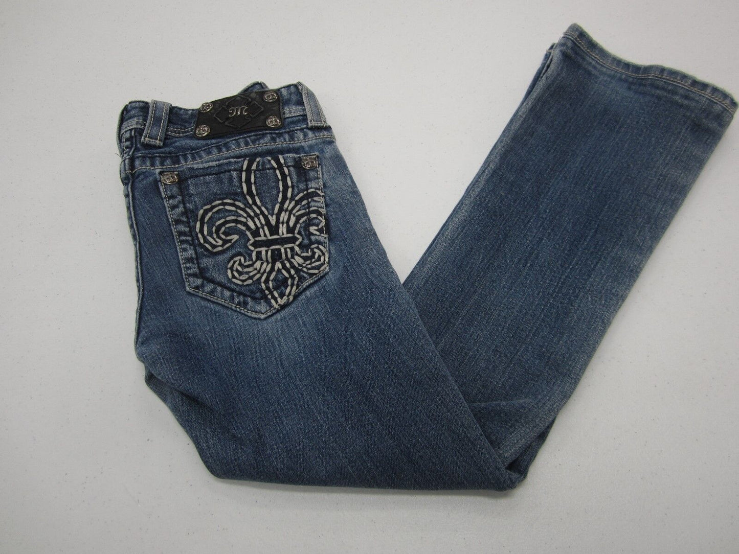 NICE MISS ME BOOT CUT EMBELLISHED SILVER EMBROIDERED FLEUR DENIM JEANS  26 X 26