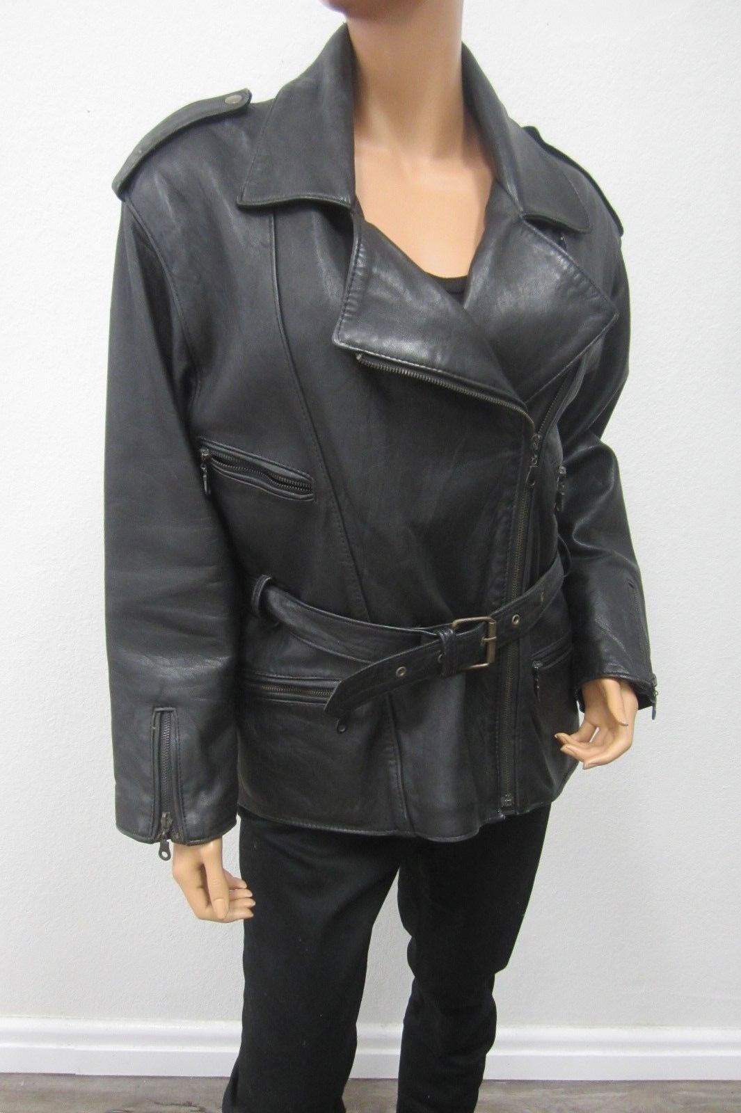 *VINTAGE* Mint JF Collection  Biker Heavy Black LeatherJacket Zip Sleeves M