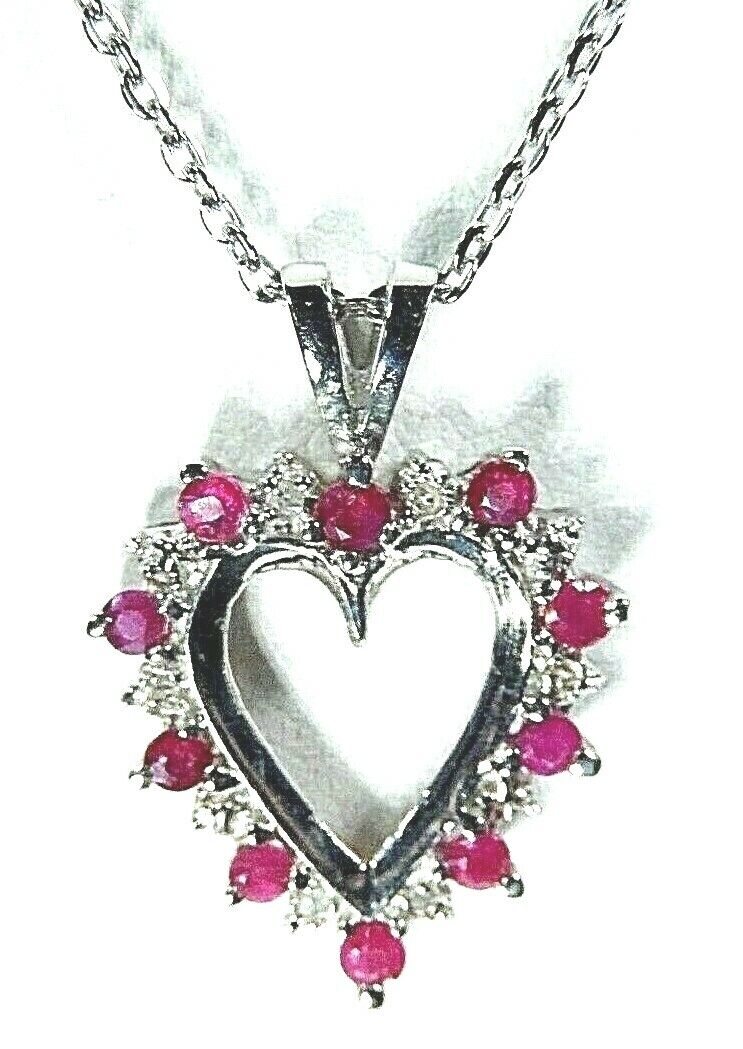 *NEW*  10K WHITE GOLD NATURAL DIAMOND & NATURAL RUBY HEART PENDANT w.18" Chain